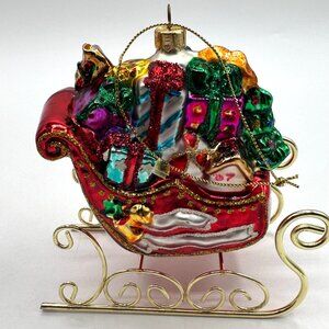 Vintage Fitz And Floyd Santa's Sleigh & Gifts Glass Ornament